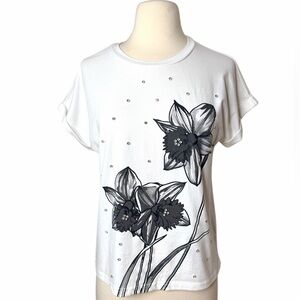 ONTWELFTH VINTAGE FlORAL PAINTED T-SHIRT WITH RHINESTONES.